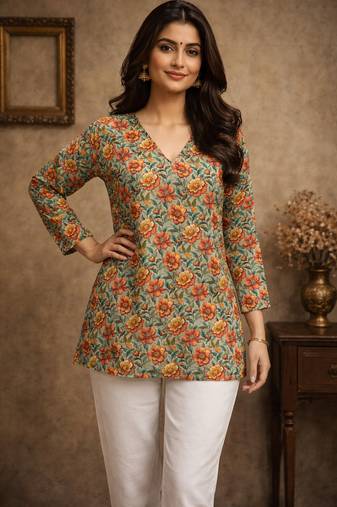 Trending floral digital print muslin silk tunic / stylish short kurti for grilish