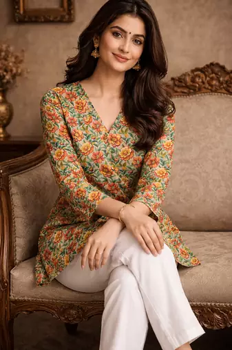  floral digital print muslin silk tunic / stylish short kurti for grilish