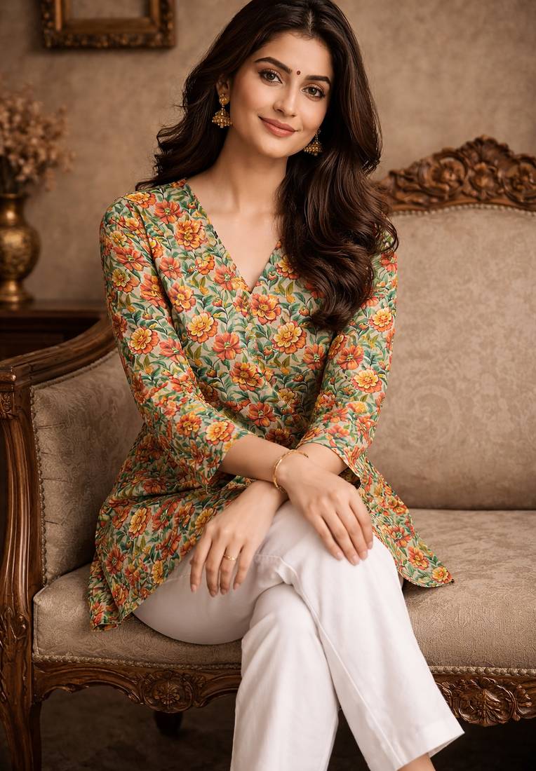 Trending floral digital print muslin silk tunic / stylish short kurti for grilish