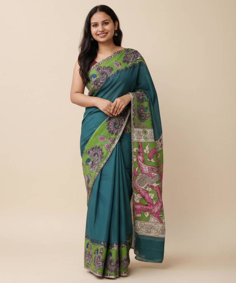 Rama peacock green heritage kalamkari saree