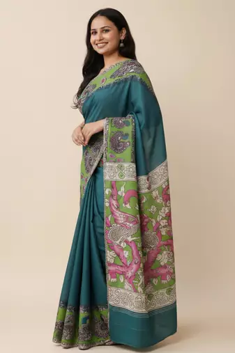 Rama peacock green heritage kalamkari saree