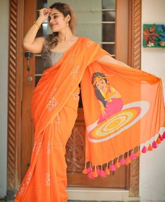Orange linen block-printed saree 1