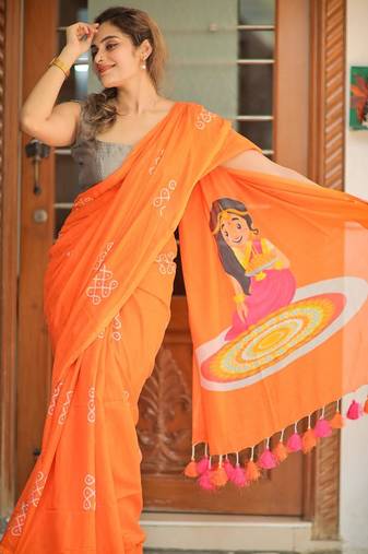 Orange linen block-printed saree