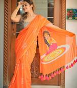 Orange linen block-printed saree