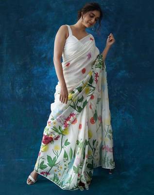 White floral printed linen saree 1