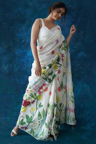 White floral printed linen saree