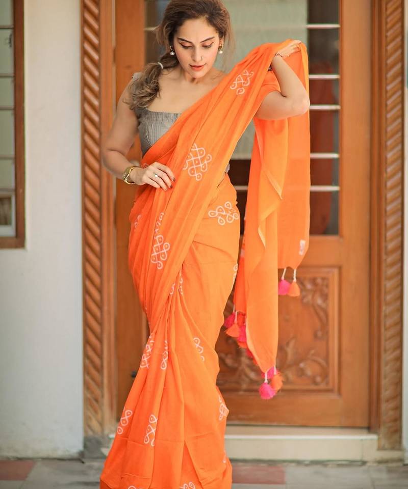 Orange linen block-printed saree