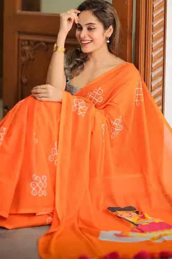 Orange linen block-printed saree