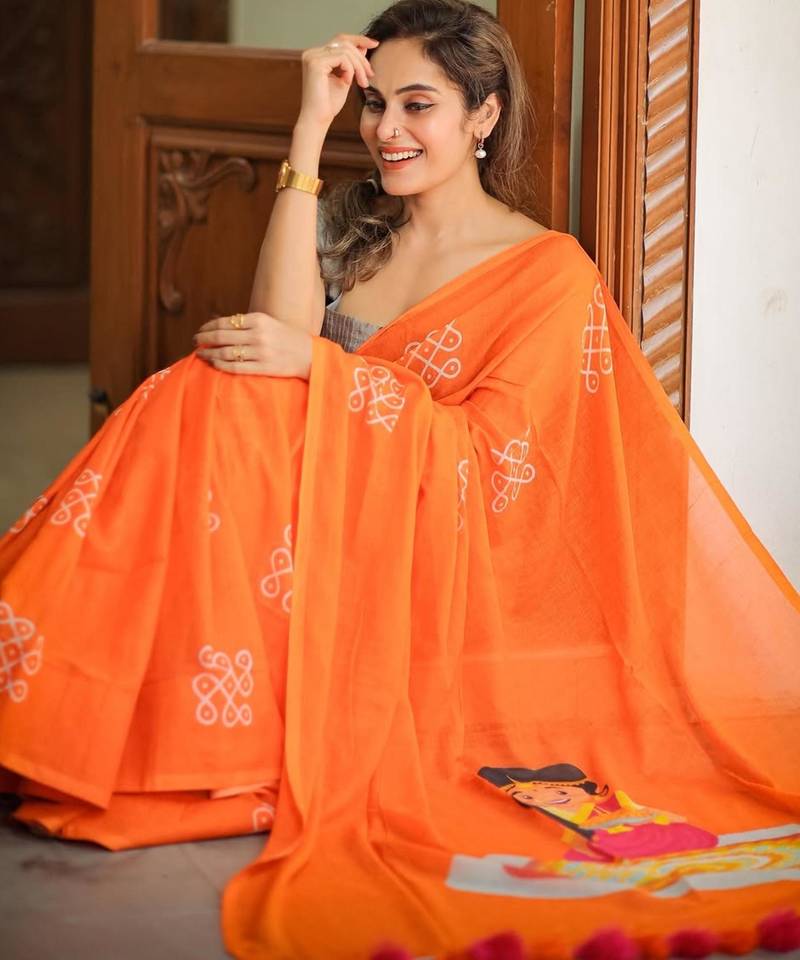 Orange linen block-printed saree