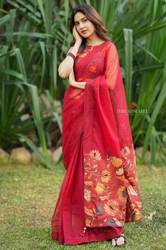 Red earthy sunflower kalamkari saree