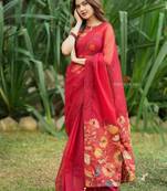 Red earthy sunflower kalamkari saree