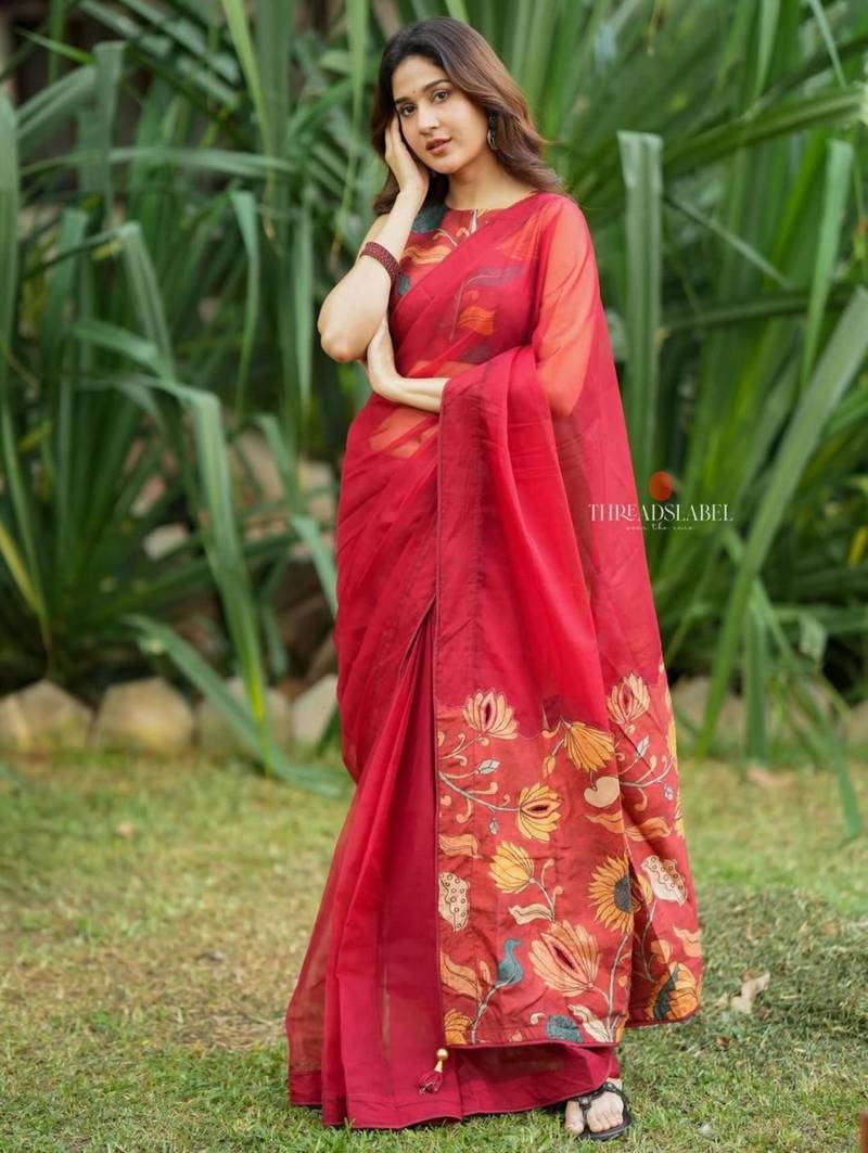 Red earthy sunflower kalamkari saree