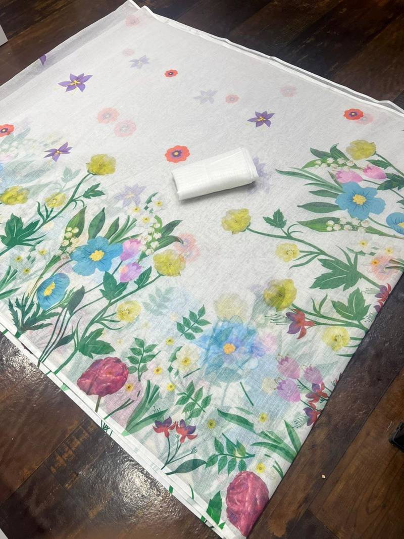 White floral printed linen saree