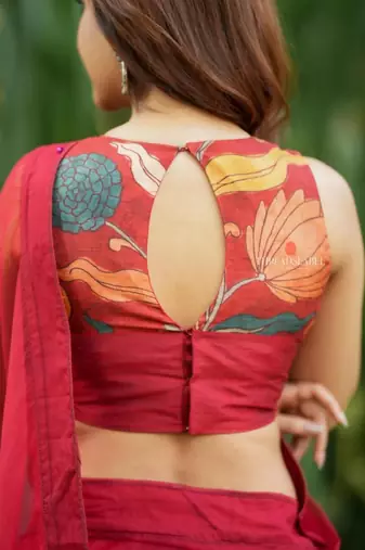 Red earthy sunflower kalamkari saree