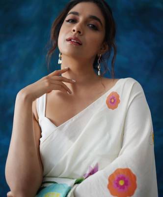 White floral printed linen saree 4
