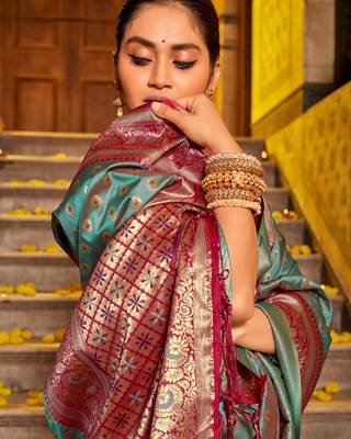 Teal green silk blend saree with magenta brocade 2