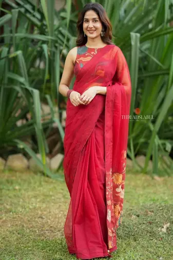 Red earthy sunflower kalamkari saree