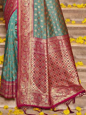 Teal green silk blend saree with magenta brocade 3