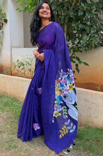 Royal blue painted artistic floral saree
