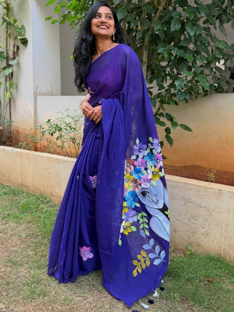 Royal blue painted artistic floral saree