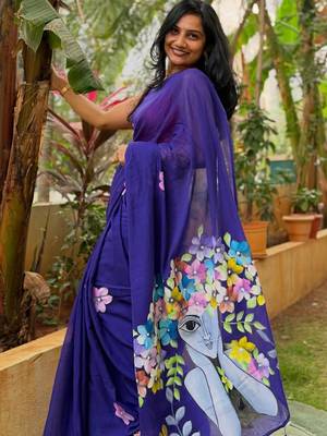 Royal blue painted artistic floral saree 2