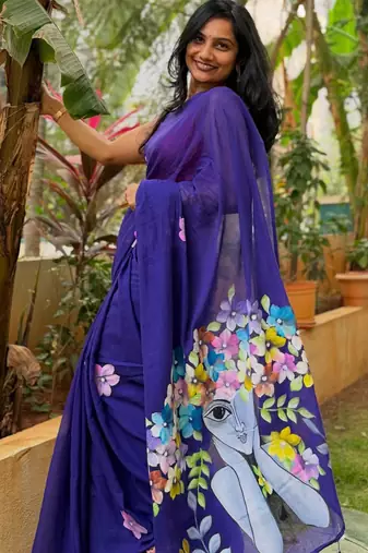 Royal blue painted artistic floral saree