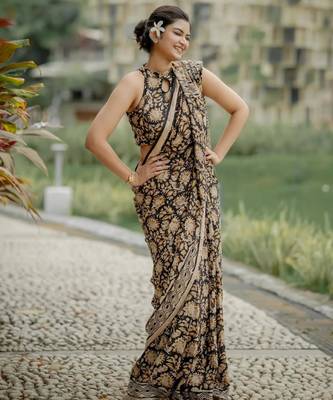 Black ajrakh print linen saree 1