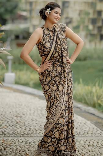 Black ajrakh print linen saree