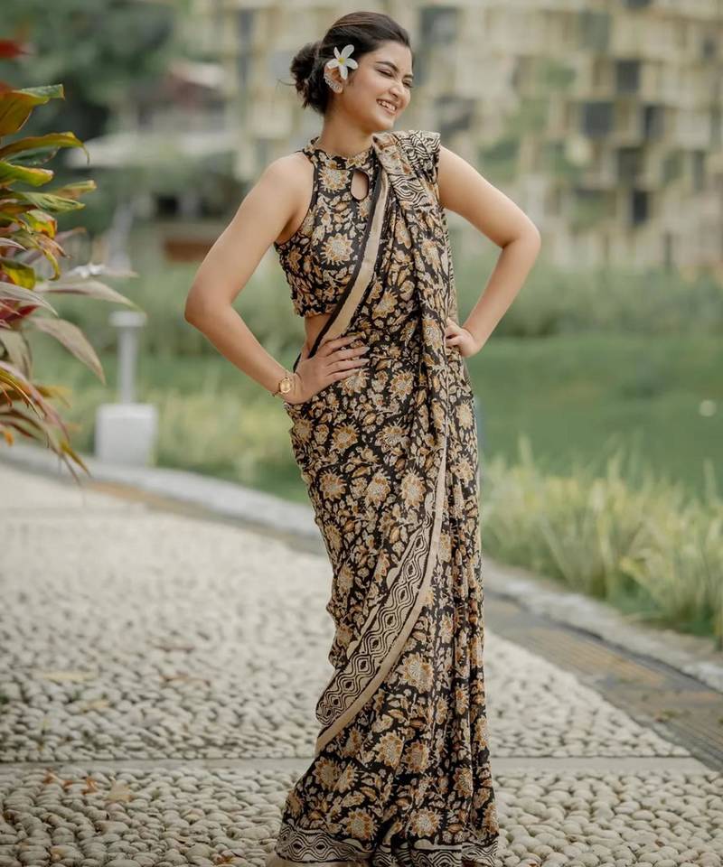Black ajrakh print linen saree