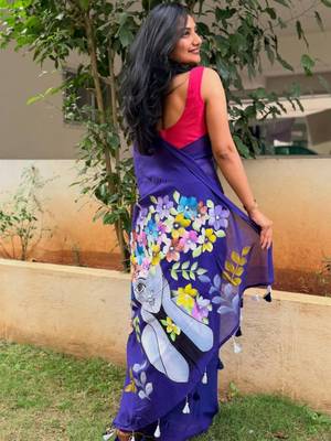 Royal blue painted artistic floral saree 3