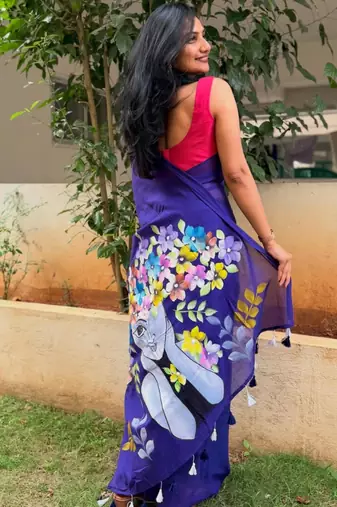 Royal blue painted artistic floral saree