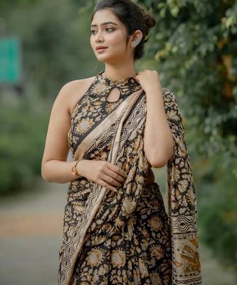 Black ajrakh print linen saree 2
