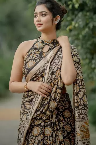 Black ajrakh print linen saree