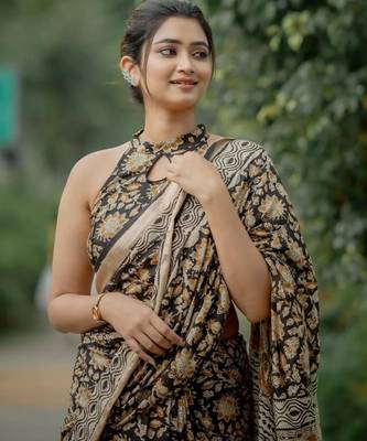 Black ajrakh print linen saree 3
