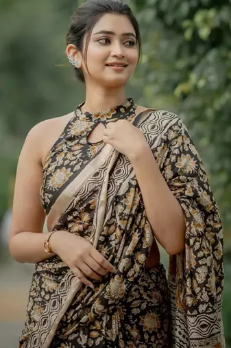 Black ajrakh print linen saree