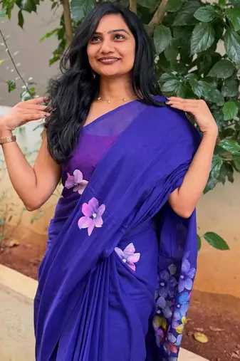 Royal blue painted artistic floral saree
