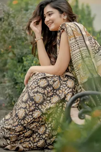 Black ajrakh print linen saree