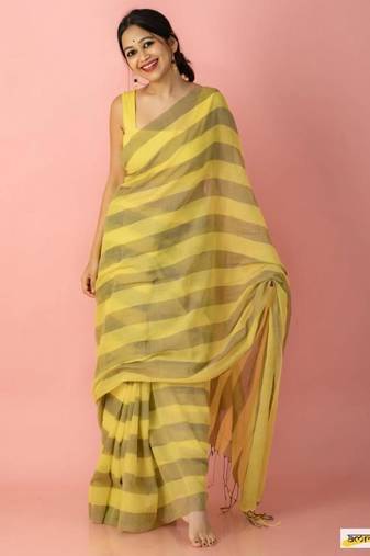 Mustard striped linen saree