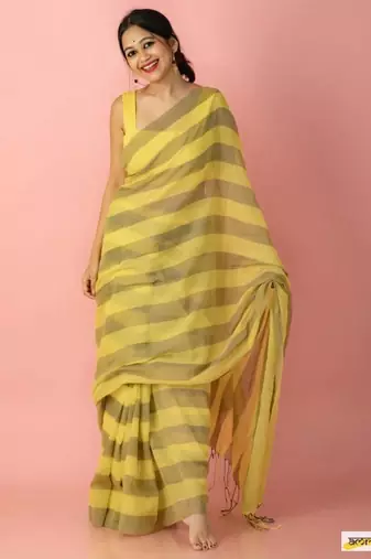 Mustard striped linen saree