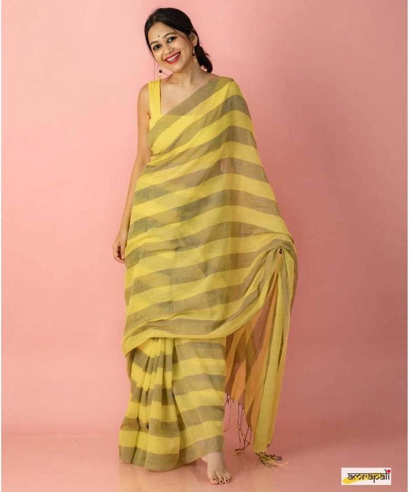 Mustard striped linen saree