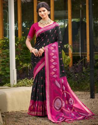 Sophisticated black and pink geometric silk blend saree 1