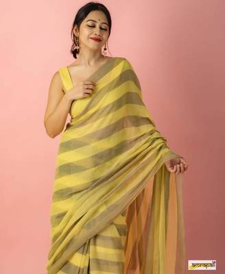 Mustard striped linen saree 2