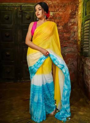 Yellow linen printed saree 1
