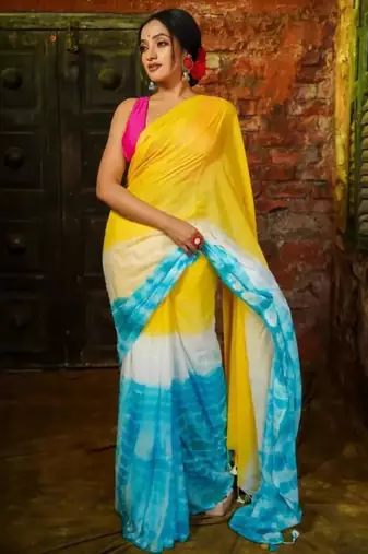 Yellow linen printed saree