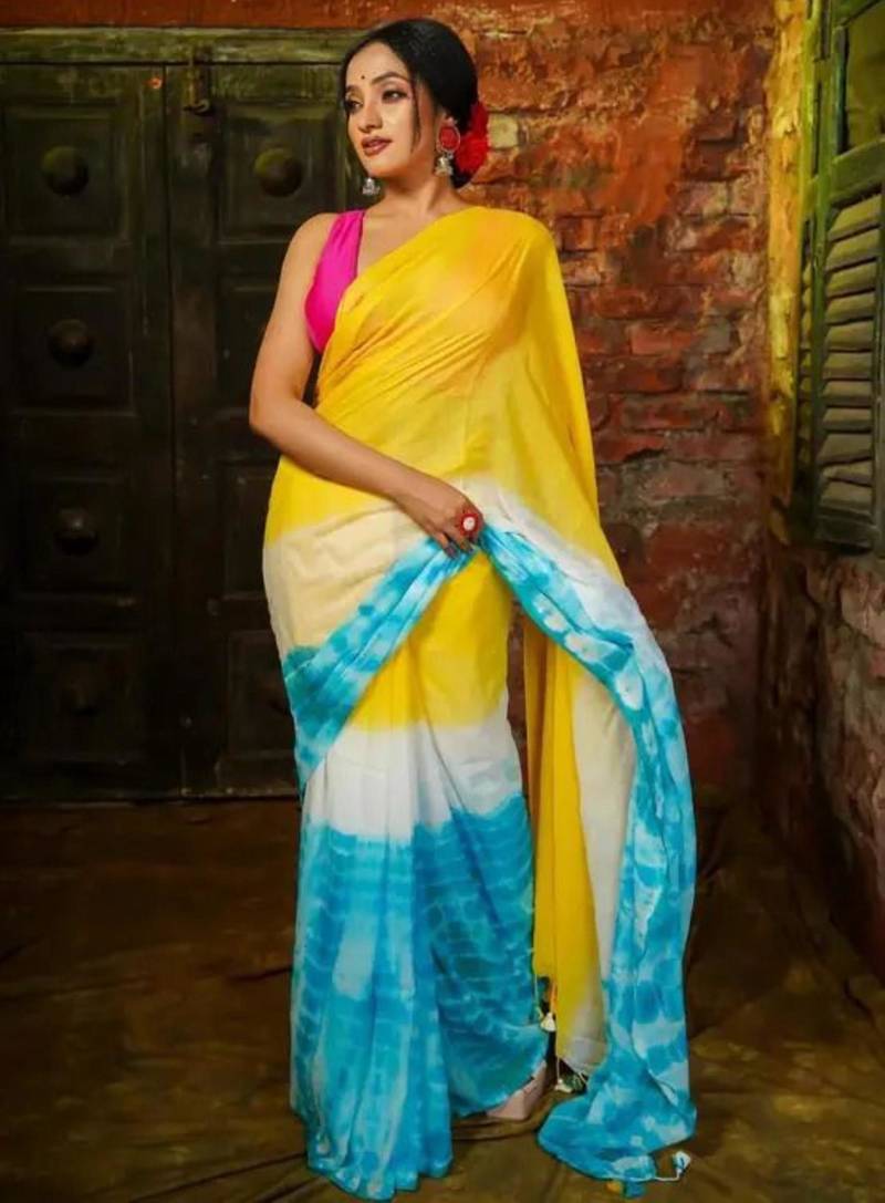 Yellow linen printed saree