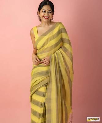 Mustard striped linen saree 3