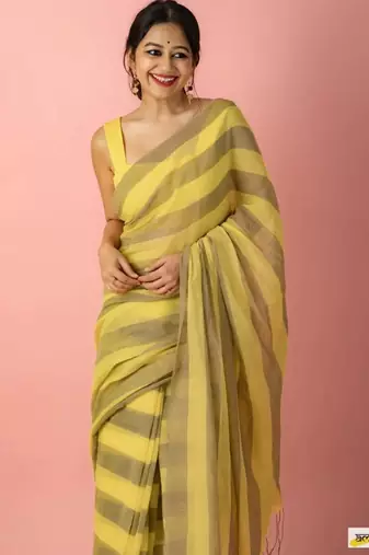 Mustard striped linen saree