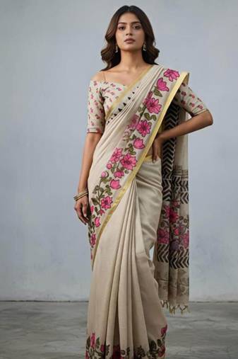 Beige embroidered floral vine saree