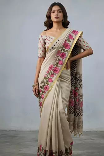 Beige embroidered floral vine saree