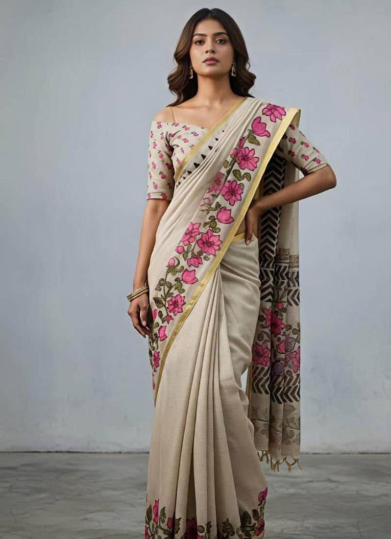 Beige embroidered floral vine saree
